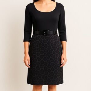 NWT Tahari Belted Sheath Dress Black Animal Print Fitted Career Women's Size 10